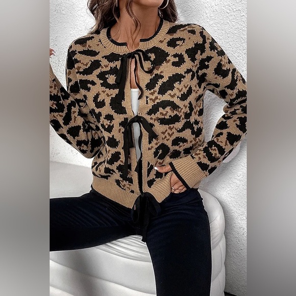 Leopard Animal print bowknot tie open boho bohemian cardigan sweater - Picture 5 of 7
